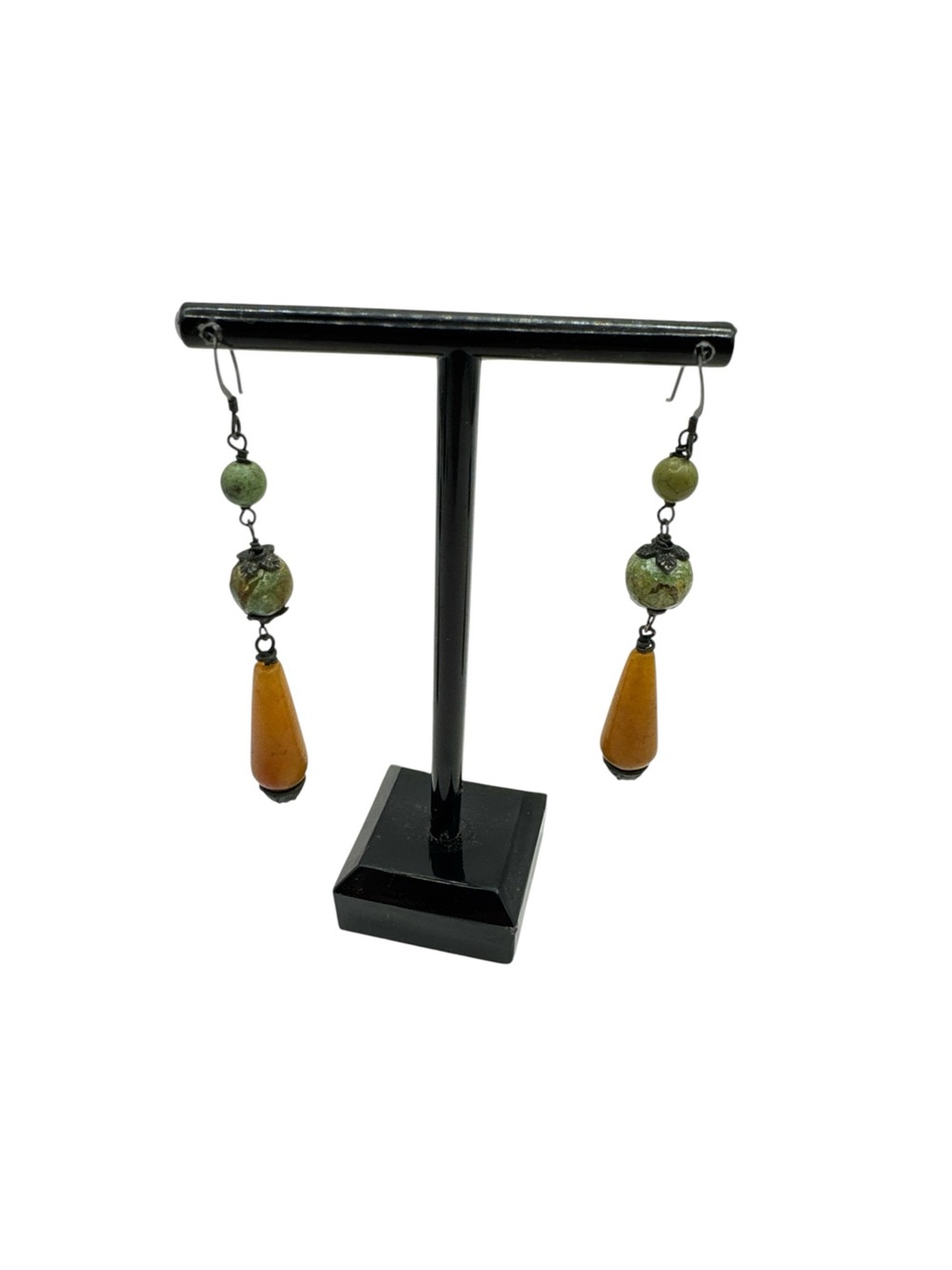 Vintage 1980s Artisan Sterling Silver Carnelian Turquoise Dangle Drop Earrings